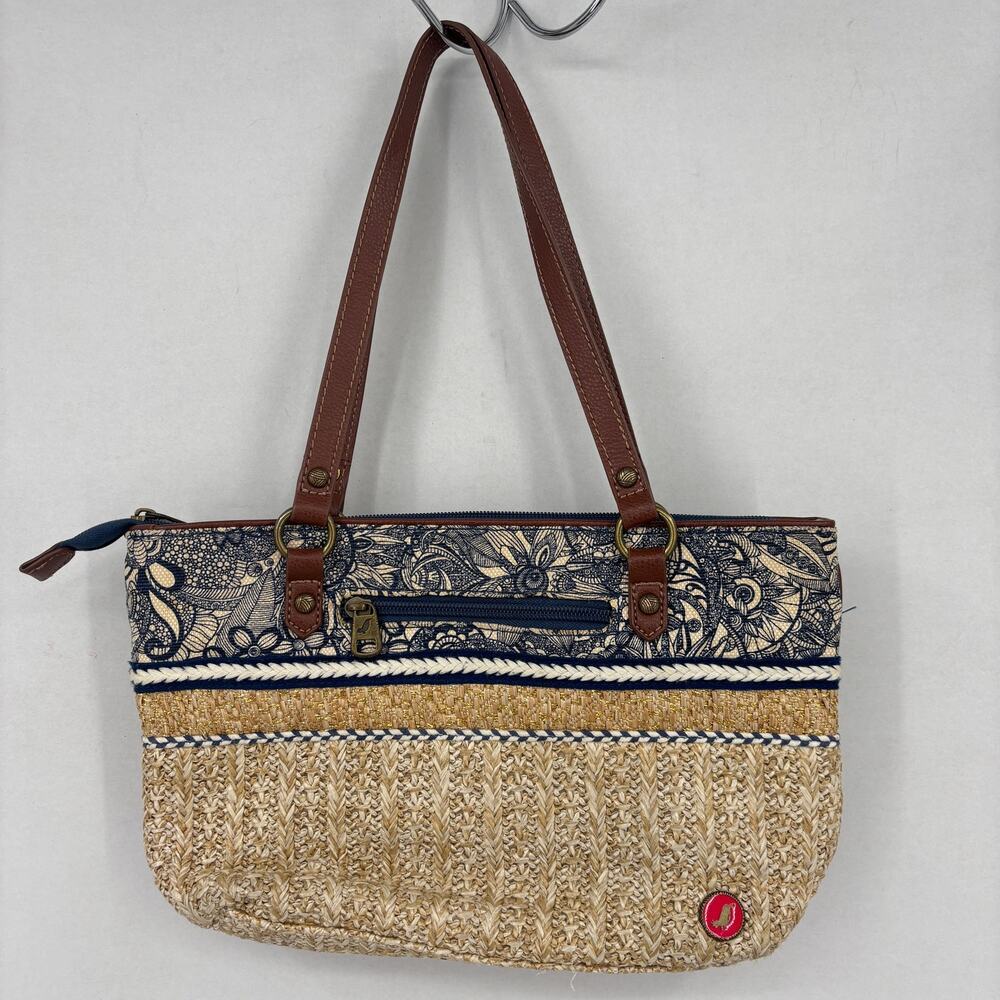 Sakroots Ellis Straw Satchel Shoulder Bag Blue Floral Boho Leather Trim Handbag - Picture 5 of 11